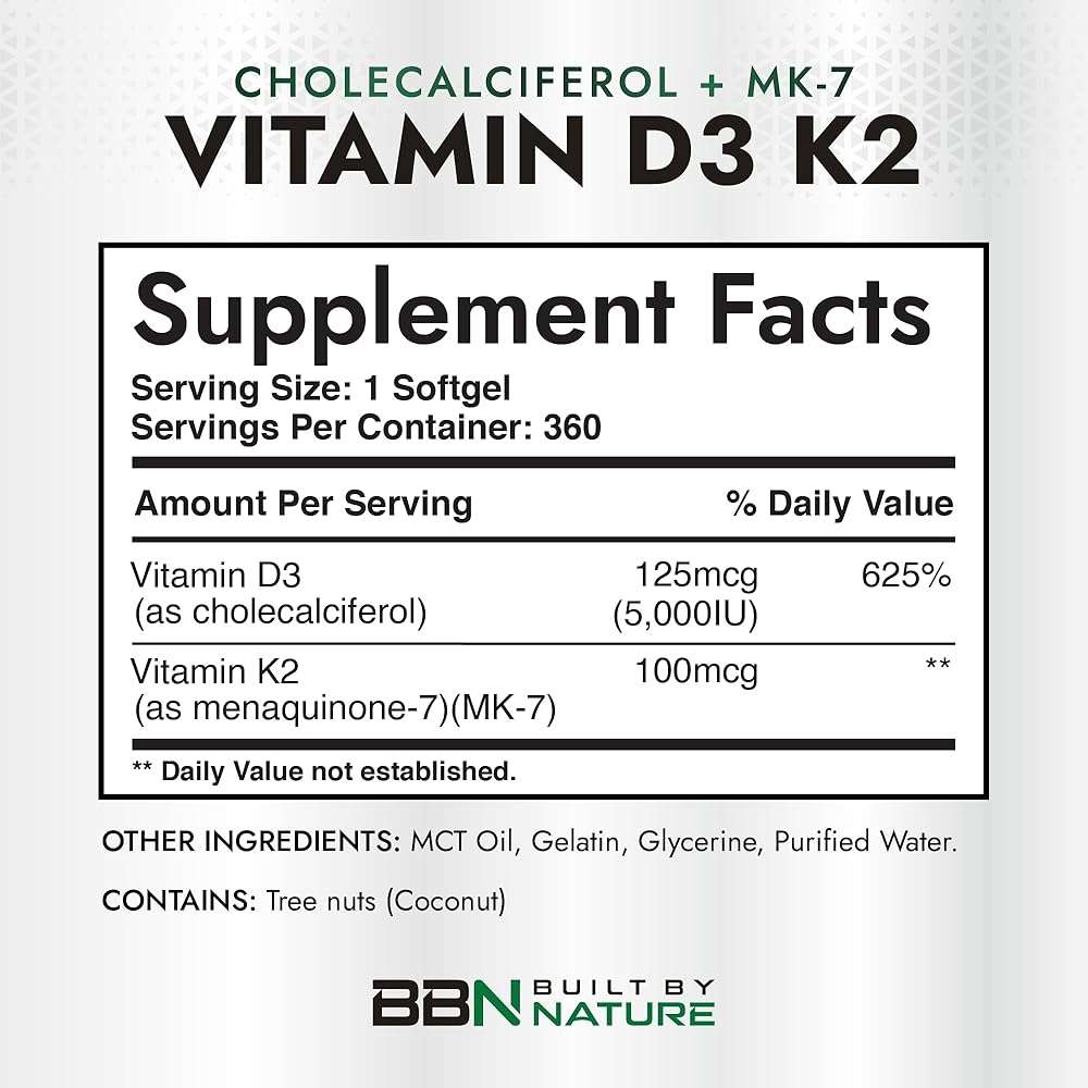 Built by Nature Vitamin D3 K2 5000 IU + 100 mcg MK-7 - Extra Strength, High Absorption - Bone, Heart & Immune Support - Coconut MCT Oil - Non-GMO – 1 Year Supply - 360 Softgels - Image 4