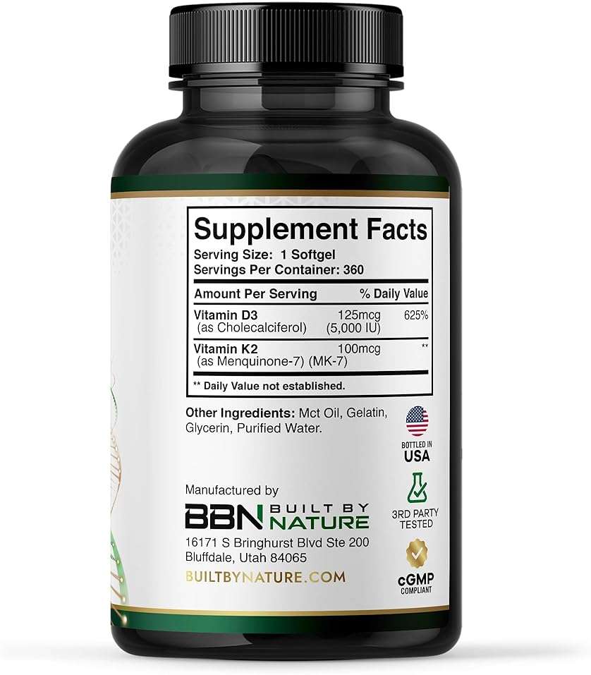 Built by Nature Vitamin D3 K2 5000 IU + 100 mcg MK-7 - Extra Strength, High Absorption - Bone, Heart & Immune Support - Coconut MCT Oil - Non-GMO – 1 Year Supply - 360 Softgels - Image 6
