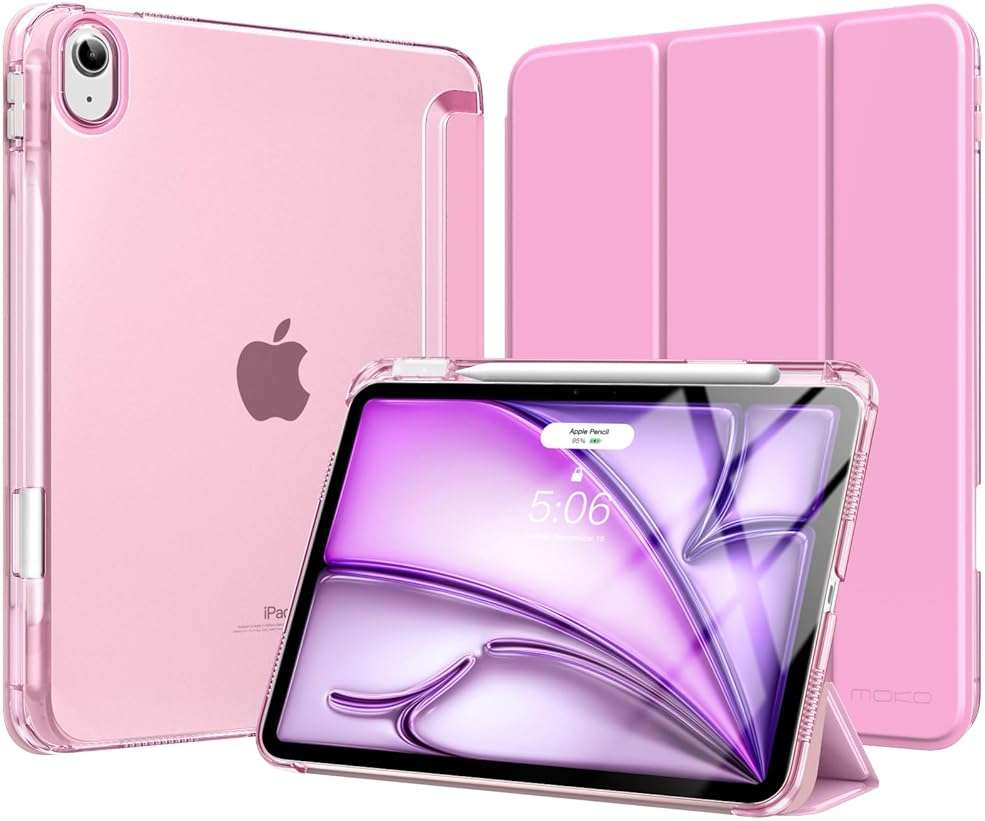 MoKo for iPad Air 11 inch Case (M4/M3/M2) 2026/2025/2024, iPad Air 5th/4th Gen 10.9 inch Case 2022/2020 with Pencil Holder, Slim Light Trifold Cover with Hard PC Translucent Back Shell, Pink - Image 1