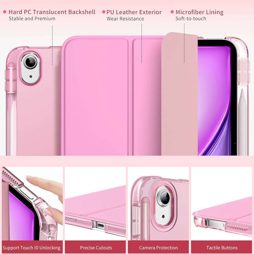 MoKo for iPad Air 11 inch Case (M4/M3/M2) 2026/2025/2024, iPad Air 5th/4th Gen 10.9 inch Case 2022/2020 with Pencil Holder, Slim Light Trifold Cover with Hard PC Translucent Back Shell, Pink - Image 3