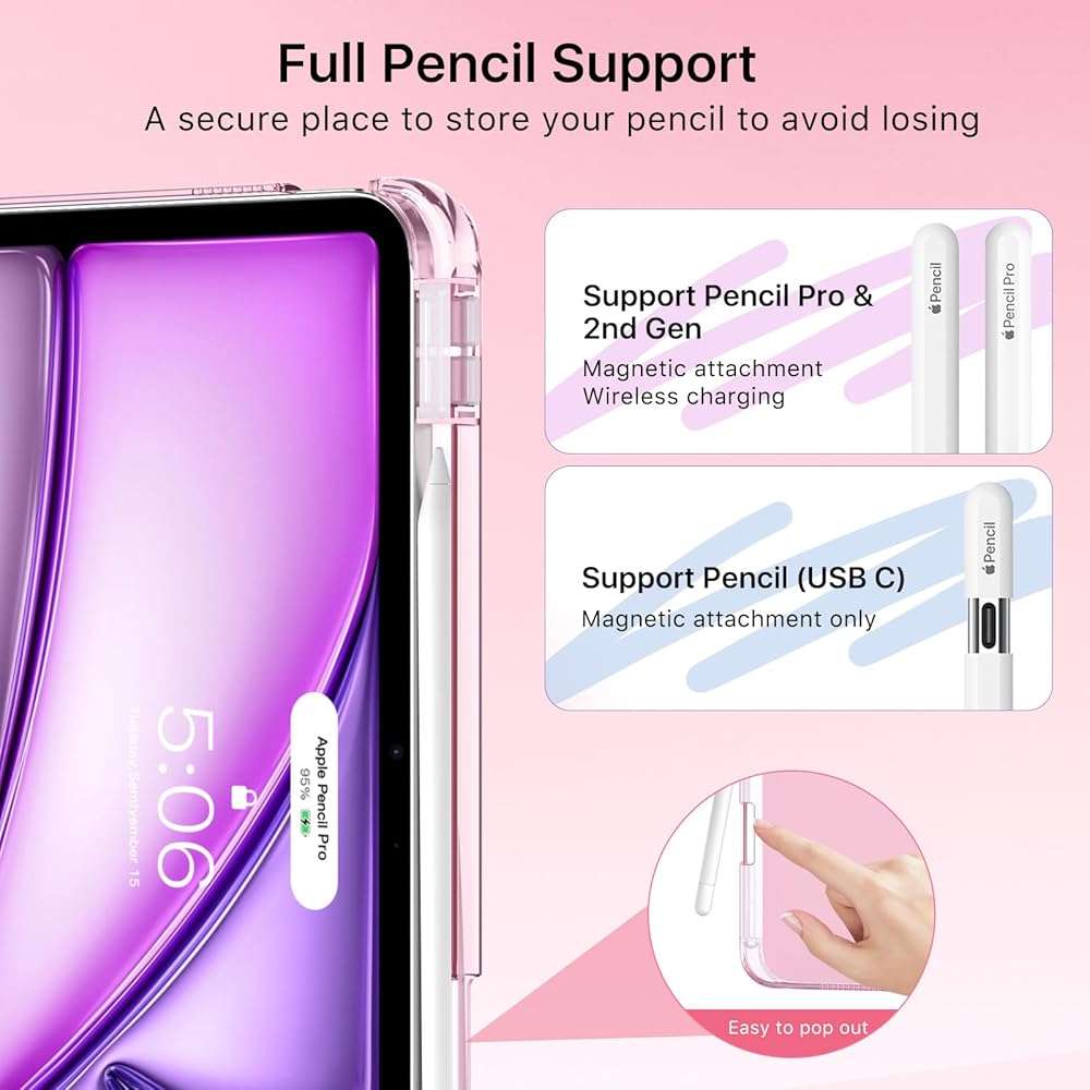 MoKo for iPad Air 11 inch Case (M4/M3/M2) 2026/2025/2024, iPad Air 5th/4th Gen 10.9 inch Case 2022/2020 with Pencil Holder, Slim Light Trifold Cover with Hard PC Translucent Back Shell, Pink - Image 6