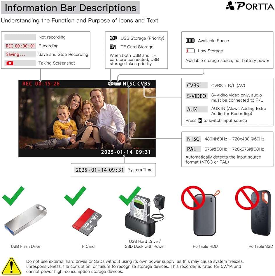 Portta VHS to Digital Converter with 128GB USB3.0 Flash Drive, Video to Digital Recorder, Compatible with VHS, VCR, DVR, DVD, Hi8, Mini DV, Gaming Consoles (VCR, VHS/DVD Player, Camcorder Required) - Image 9