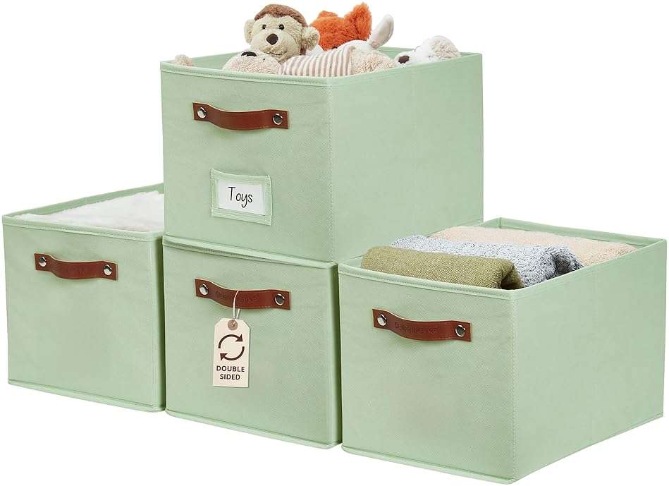 DECOMOMO Storage Bins, Storage Baskets for Shelves (Green) | 4 Pack Fabric Storage Bins, 15" x 11" x 9.9" Foldable Storage Bins with Labels - Image 1