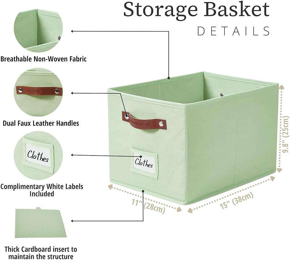 DECOMOMO Storage Bins, Storage Baskets for Shelves (Green) | 4 Pack Fabric Storage Bins, 15" x 11" x 9.9" Foldable Storage Bins with Labels - Image 3