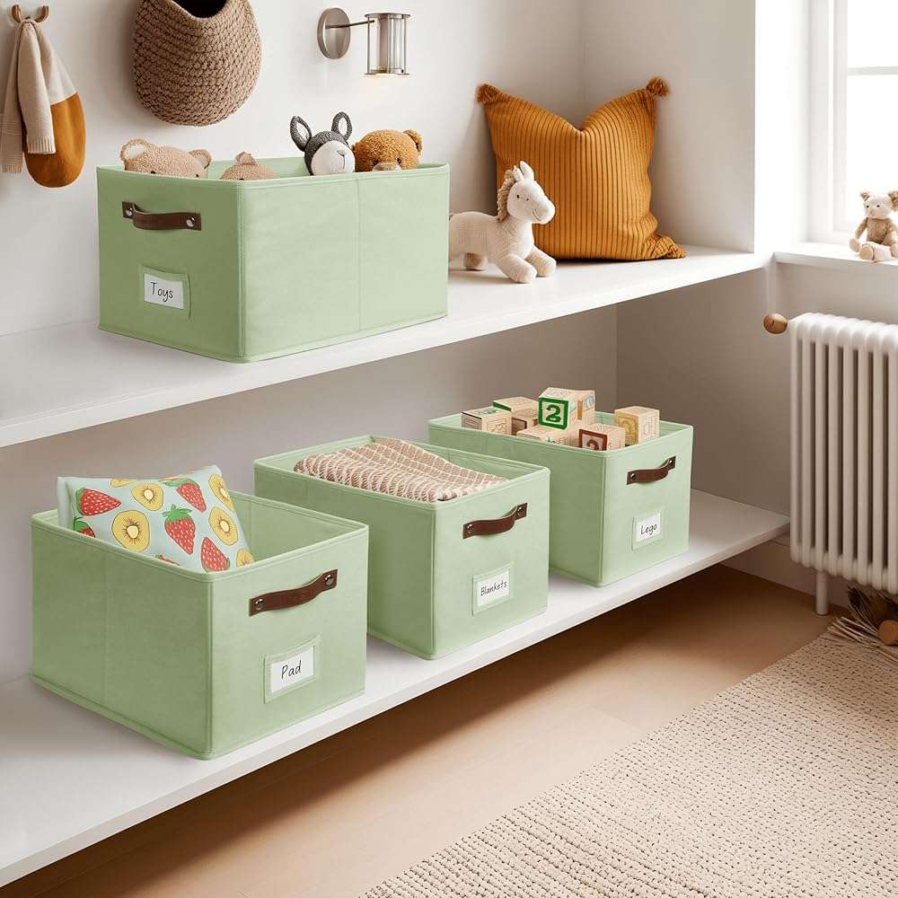DECOMOMO Storage Bins, Storage Baskets for Shelves (Green) | 4 Pack Fabric Storage Bins, 15" x 11" x 9.9" Foldable Storage Bins with Labels - Image 9
