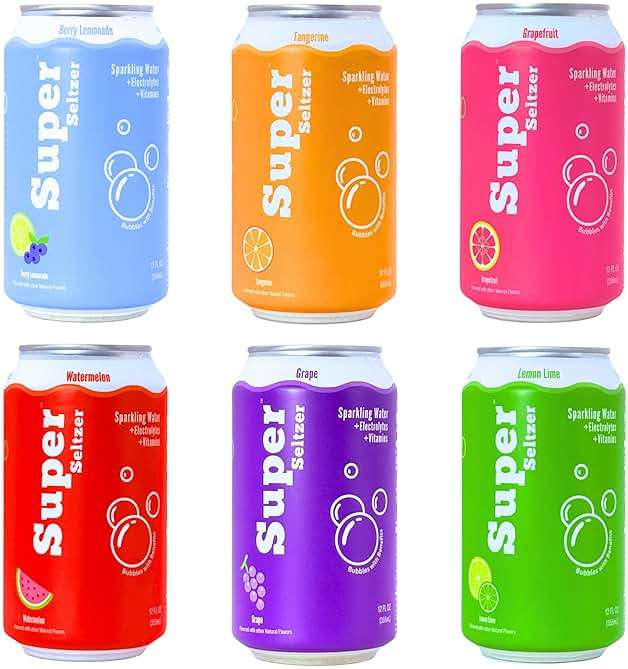 Super Seltzer Sparkling Water with Electrolytes and Vitamins, Original 6-Flavor Variety Pack, Naturally Flavored, 12 Fl Oz, Pack of 6 cans - Image 1