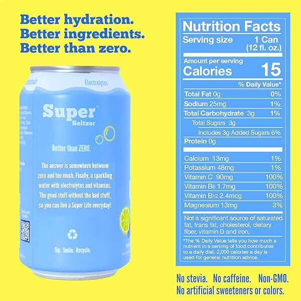 Super Seltzer Sparkling Water with Electrolytes and Vitamins, Original 6-Flavor Variety Pack, Naturally Flavored, 12 Fl Oz, Pack of 6 cans - Image 2