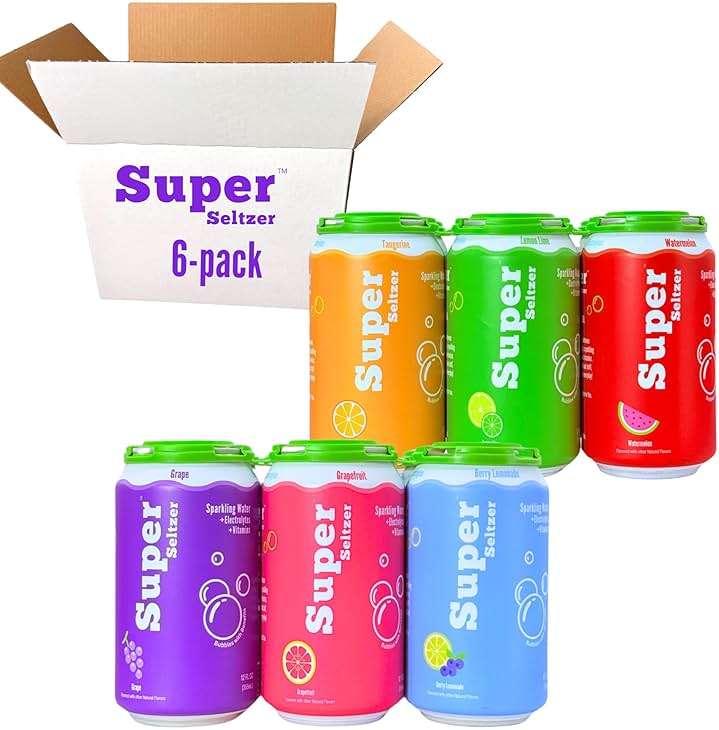 Super Seltzer Sparkling Water with Electrolytes and Vitamins, Original 6-Flavor Variety Pack, Naturally Flavored, 12 Fl Oz, Pack of 6 cans - Image 3