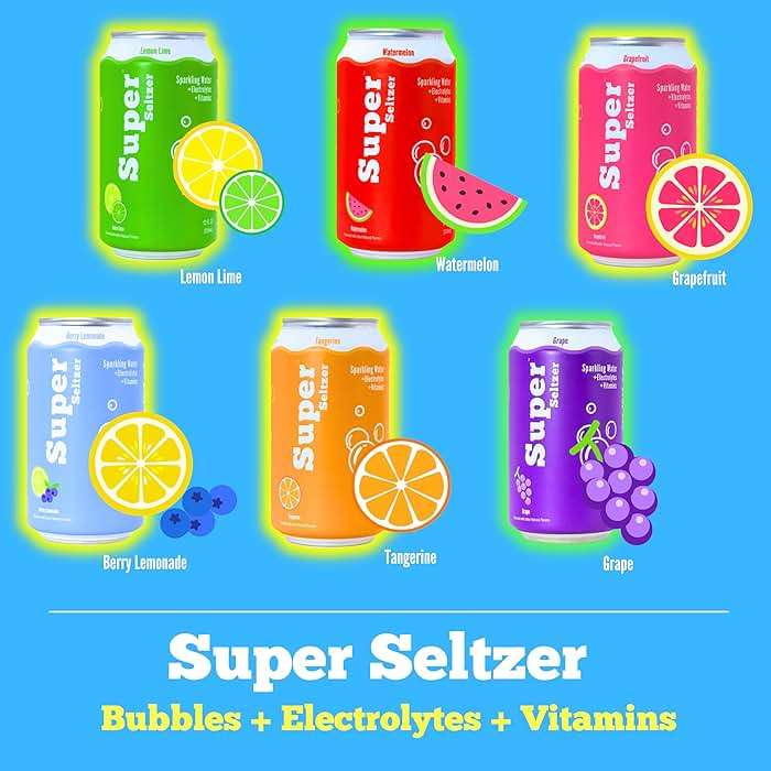 Super Seltzer Sparkling Water with Electrolytes and Vitamins, Original 6-Flavor Variety Pack, Naturally Flavored, 12 Fl Oz, Pack of 6 cans - Image 4