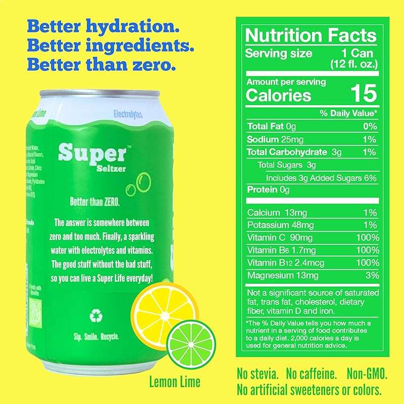 Super Seltzer Sparkling Water with Electrolytes and Vitamins, Lemon Lime Naturally Flavored, 12 Fl Oz, Pack of 12 cans - Image 2