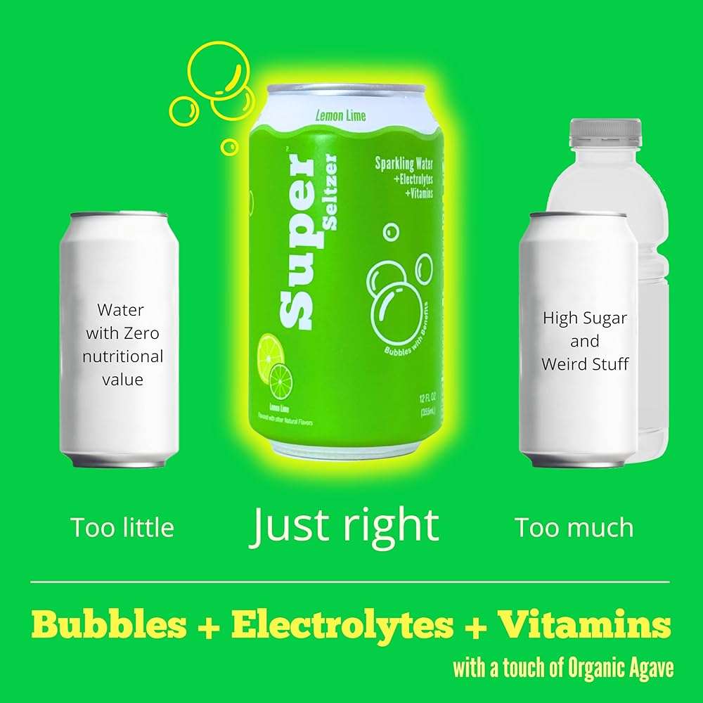 Super Seltzer Sparkling Water with Electrolytes and Vitamins, Lemon Lime Naturally Flavored, 12 Fl Oz, Pack of 12 cans - Image 3