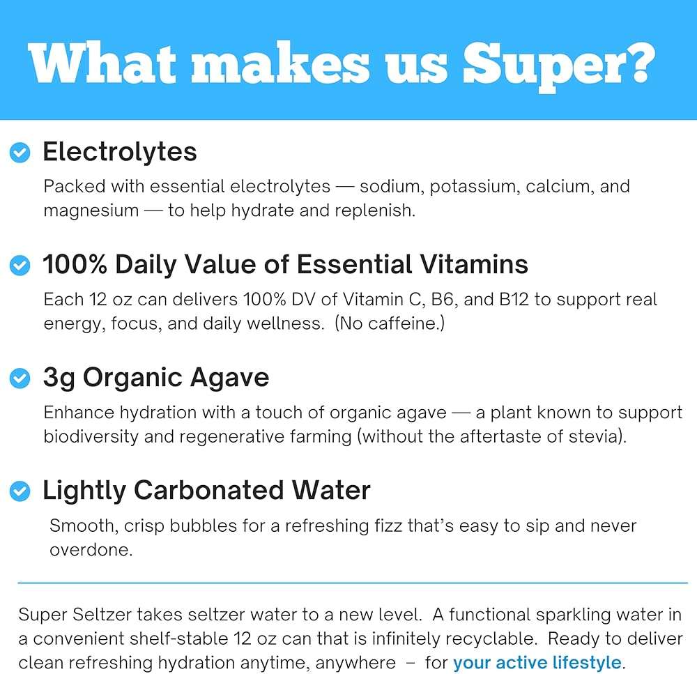 Super Seltzer Sparkling Water with Electrolytes and Vitamins, Lemon Lime Naturally Flavored, 12 Fl Oz, Pack of 12 cans - Image 5