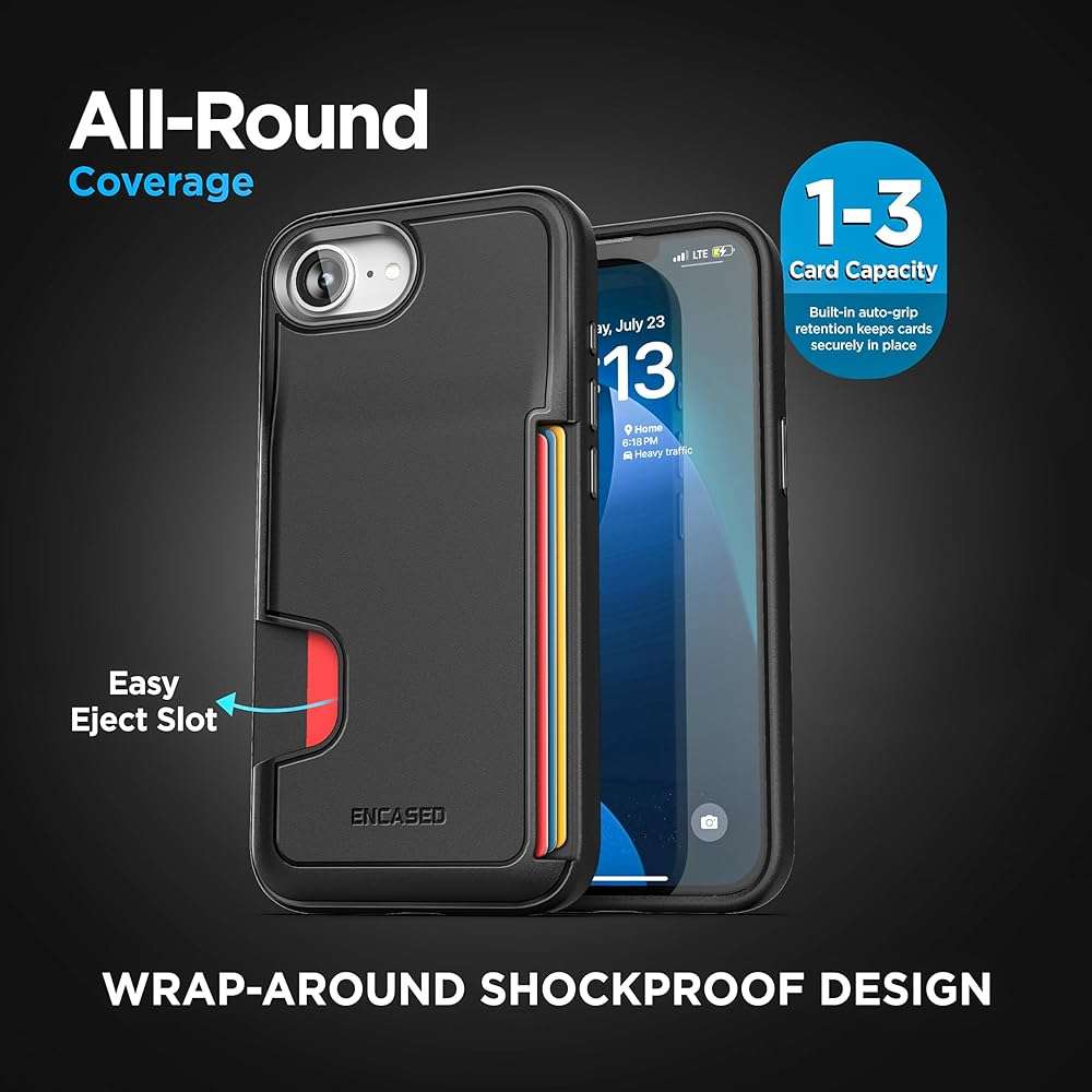 ENCASED Card Case for iPhone 16e, iPhone 17e Wallet Case with Secure Credit Card Holder Slot (Cache Series), Matte Black - Image 3