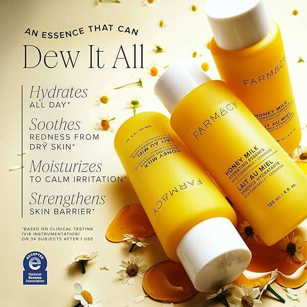Farmacy Honey Milk Face Essence - Hydrating Milky Toner with Honey, Ceramides, Chamomile + Aloe - Helps Strengthen Skin Barrier + Replenish Moisture - Soothing + Calming Skincare (50ml) - Image 4
