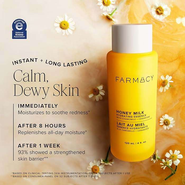 Farmacy Honey Milk Face Essence - Hydrating Milky Toner with Honey, Ceramides, Chamomile + Aloe - Helps Strengthen Skin Barrier + Replenish Moisture - Soothing + Calming Skincare (50ml) - Image 6