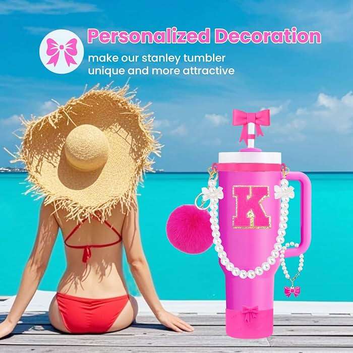 9PCS Pink Stanley Cup Accessories Set for 30oz 40oz Tumbler with Handle, Includes Pearl Strap, Bow Straw Toppers& Boot, Decorations Charms, Letter Sticker, Spill Proof Stoppers(Pink K) - Image 3