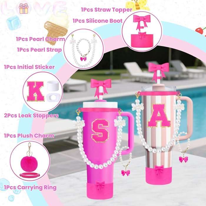 9PCS Pink Stanley Cup Accessories Set for 30oz 40oz Tumbler with Handle, Includes Pearl Strap, Bow Straw Toppers& Boot, Decorations Charms, Letter Sticker, Spill Proof Stoppers(Pink K) - Image 4