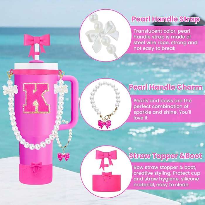 9PCS Pink Stanley Cup Accessories Set for 30oz 40oz Tumbler with Handle, Includes Pearl Strap, Bow Straw Toppers& Boot, Decorations Charms, Letter Sticker, Spill Proof Stoppers(Pink K) - Image 5