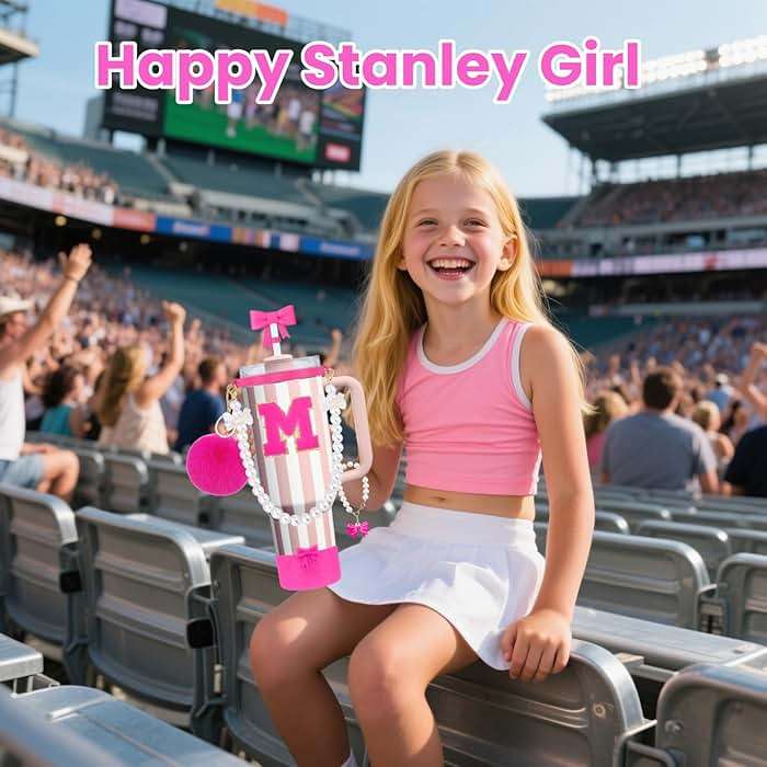 9PCS Pink Stanley Cup Accessories Set for 30oz 40oz Tumbler with Handle, Includes Pearl Strap, Bow Straw Toppers& Boot, Decorations Charms, Letter Sticker, Spill Proof Stoppers(Pink K) - Image 6