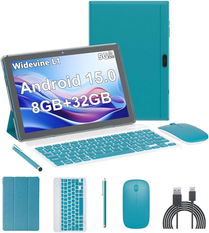 Android 15 Tablet,10 inch Tablets, 8GB RAM+32GB ROM/2TB Expandable, 2 in 1 Tablets with Keyboard Case, 1280x800 IPS Display Screen, 5G Wi-Fi6, Dual Camera, 6000mAh Battery BT5 Widevine L1 (Green) - Image 1