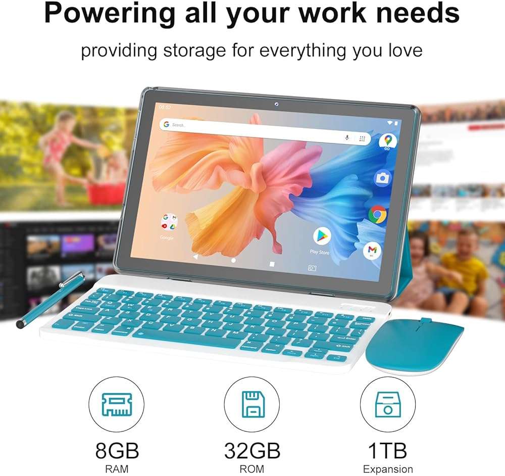 Android 15 Tablet,10 inch Tablets, 8GB RAM+32GB ROM/2TB Expandable, 2 in 1 Tablets with Keyboard Case, 1280x800 IPS Display Screen, 5G Wi-Fi6, Dual Camera, 6000mAh Battery BT5 Widevine L1 (Green) - Image 3
