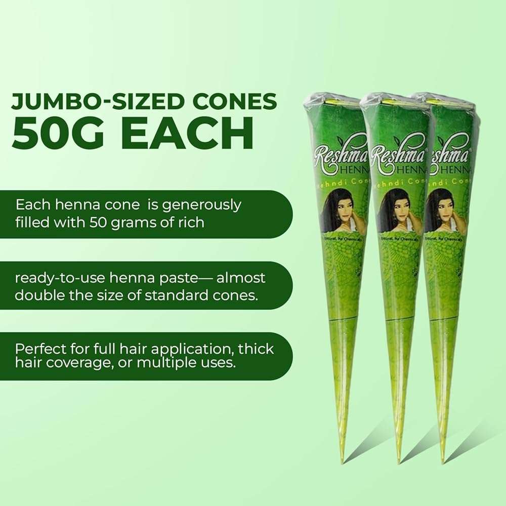 Reshma Beauty 3 Pack of Rajasthani Jumbo Cones for Hair, 50g Each–Almost Double the Size of Regular Cones, 100% Natural Ready-to-Use Paste Reddish Brown Hair Color with Ayurvedic Hair Dye - Image 2