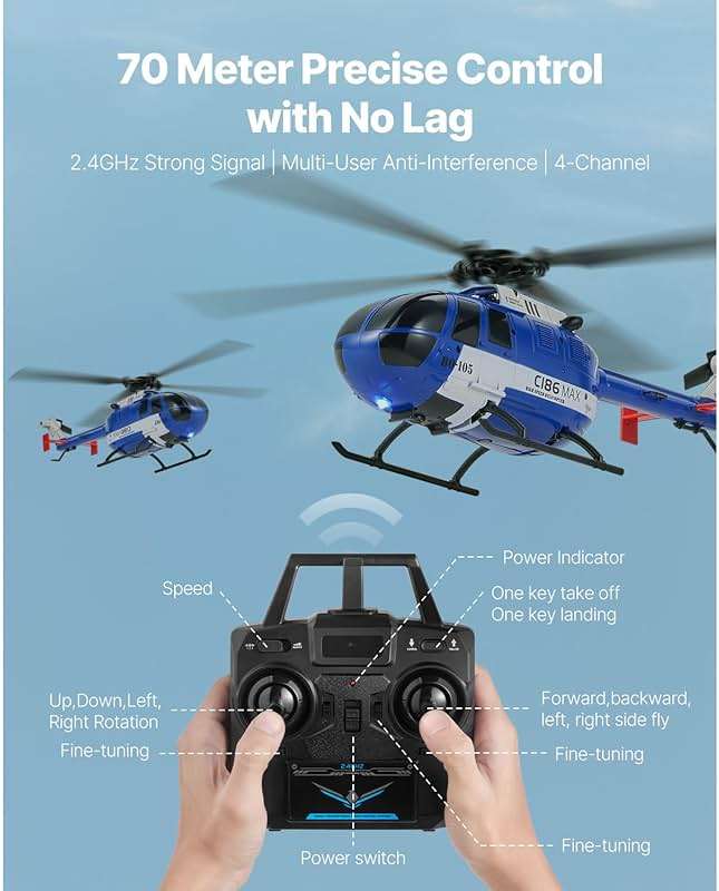 VEVOR RC Helicopter, 2.4GHz 4-Propeller Remote Control Helicopter with 6-Axis Gyro, 4-Channel RC Airplane for Beginner, LED Light & One-Key Takeoff/Landing, Plane Toys for Kids Ages 8 and up - Image 6