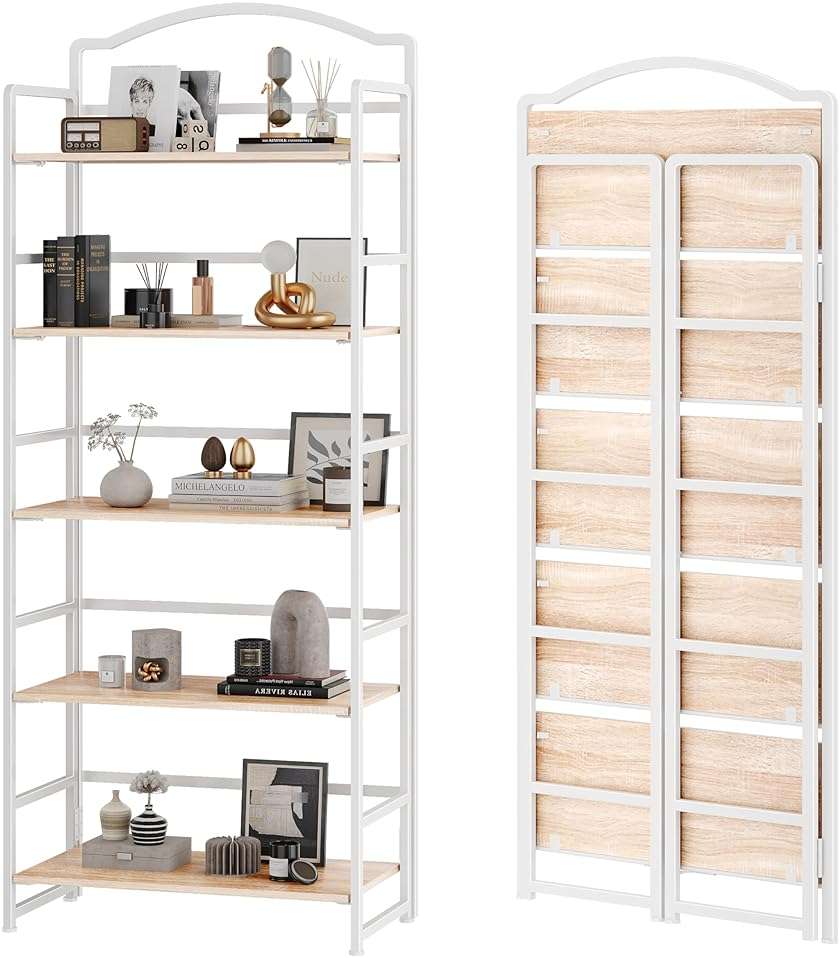 JSB 5 Tier No Assembly Folding Bookshelf, Arched Bookshelf, Foldable Bookcase for Living Room, Bedroom, Office,Skinny Bookshelf (White) - Image 1