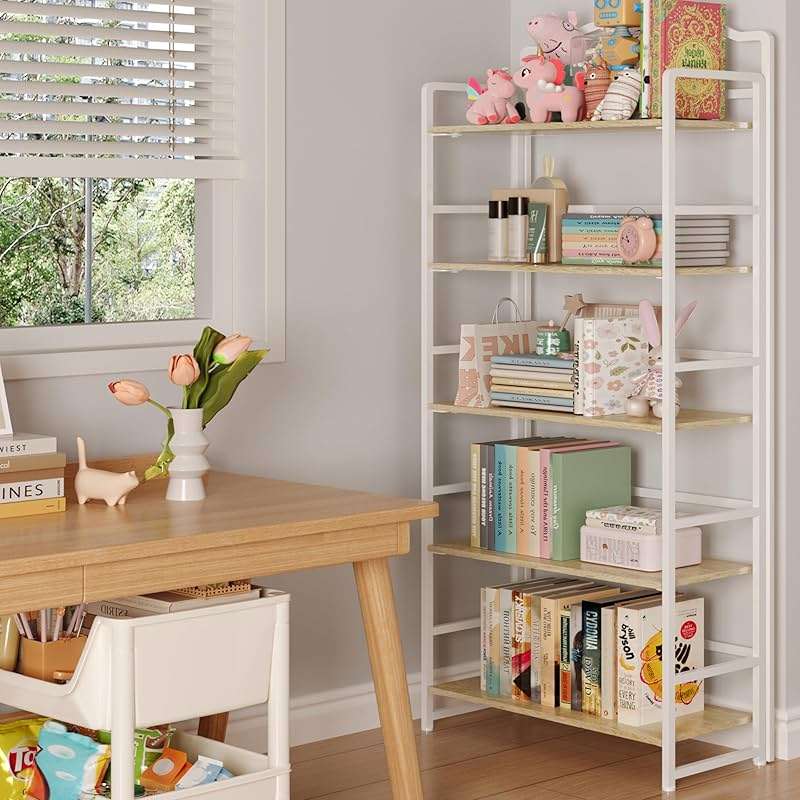 JSB 5 Tier No Assembly Folding Bookshelf, Arched Bookshelf, Foldable Bookcase for Living Room, Bedroom, Office,Skinny Bookshelf (White) - Image 2