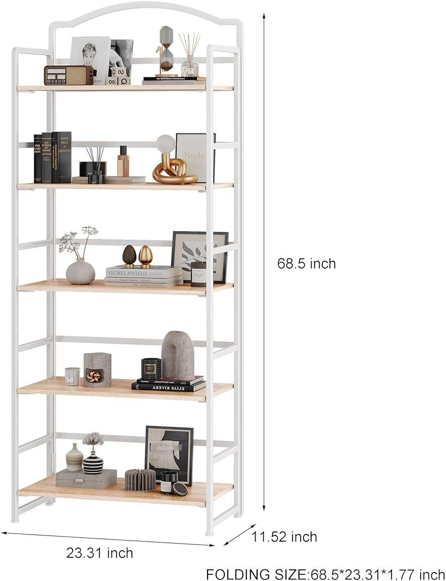 JSB 5 Tier No Assembly Folding Bookshelf, Arched Bookshelf, Foldable Bookcase for Living Room, Bedroom, Office,Skinny Bookshelf (White) - Image 3
