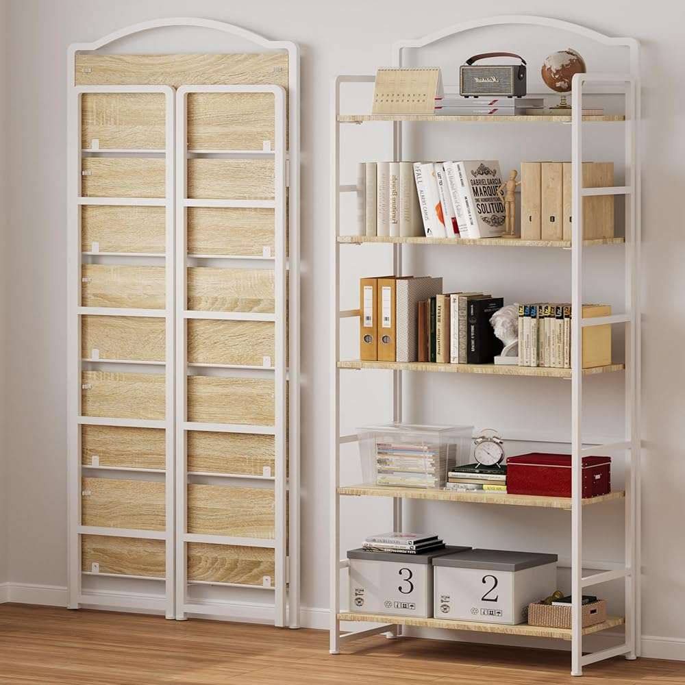 JSB 5 Tier No Assembly Folding Bookshelf, Arched Bookshelf, Foldable Bookcase for Living Room, Bedroom, Office,Skinny Bookshelf (White) - Image 4
