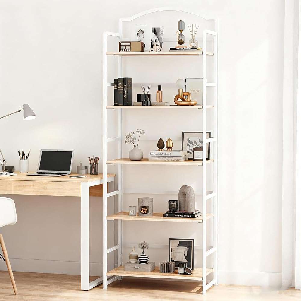 JSB 5 Tier No Assembly Folding Bookshelf, Arched Bookshelf, Foldable Bookcase for Living Room, Bedroom, Office,Skinny Bookshelf (White) - Image 6