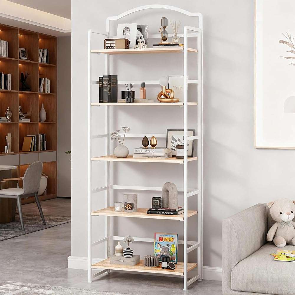 JSB 5 Tier No Assembly Folding Bookshelf, Arched Bookshelf, Foldable Bookcase for Living Room, Bedroom, Office,Skinny Bookshelf (White) - Image 7