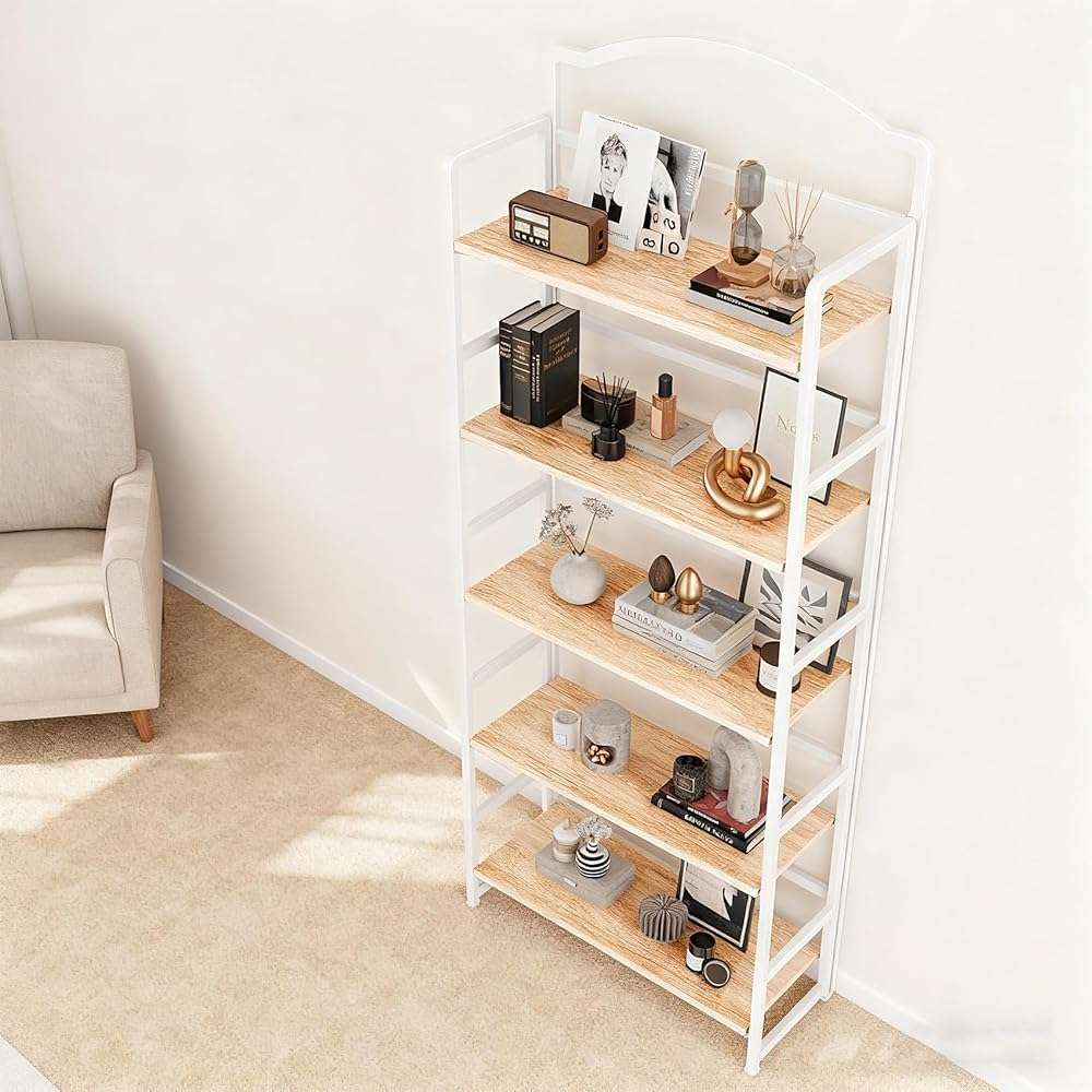 JSB 5 Tier No Assembly Folding Bookshelf, Arched Bookshelf, Foldable Bookcase for Living Room, Bedroom, Office,Skinny Bookshelf (White) - Image 9