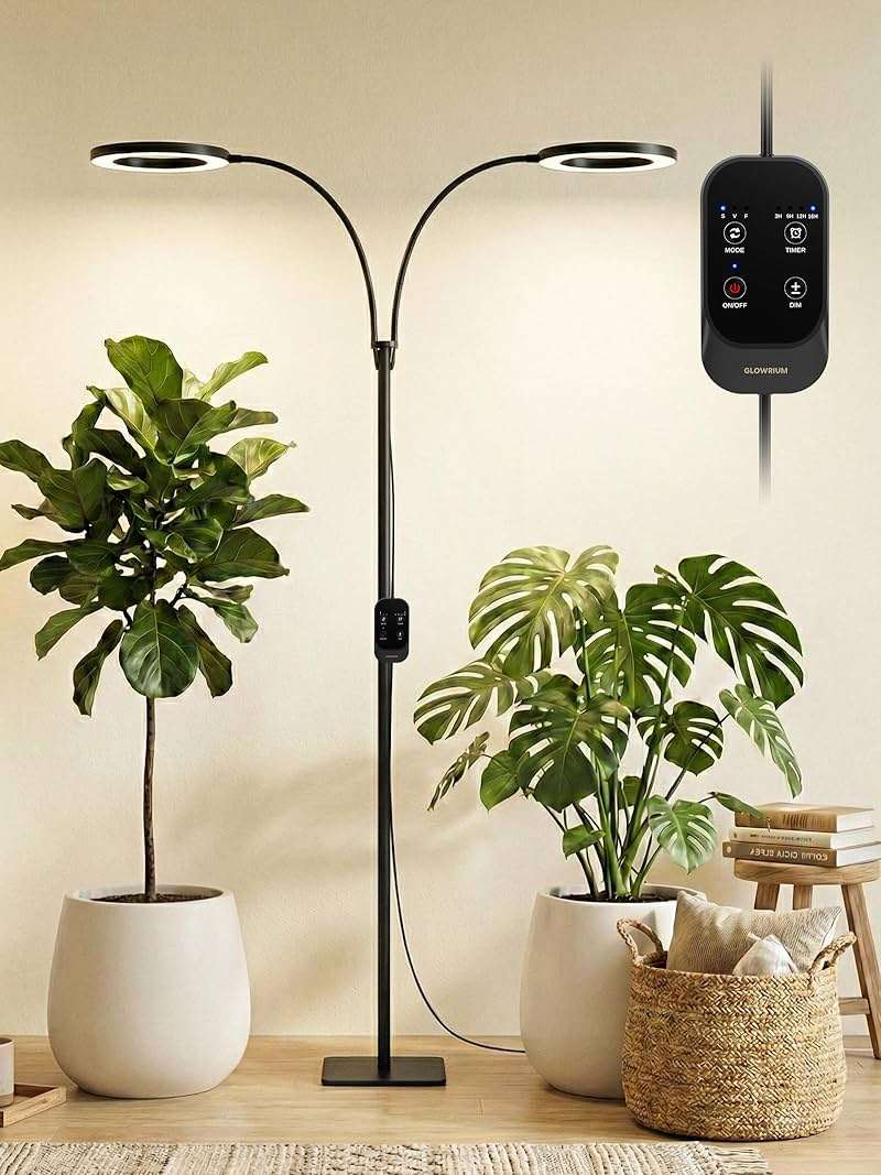 GLOWRIUM 48W LED Dual-Head Grow Light for Indoor Plants, 23.5-71" Adjustable Height, 3-Growing Full Spectrum for Tall Plant Light, 3/9/12/16H Timer, 6-Level Dimming, Ideal for Large Tall Plants - Image 1