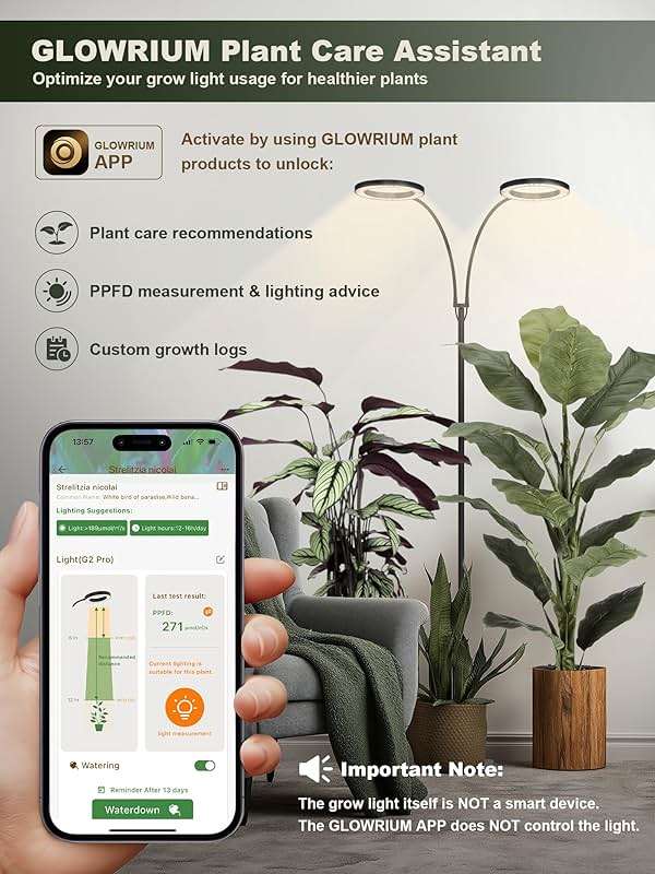 GLOWRIUM 48W LED Dual-Head Grow Light for Indoor Plants, 23.5-71" Adjustable Height, 3-Growing Full Spectrum for Tall Plant Light, 3/9/12/16H Timer, 6-Level Dimming, Ideal for Large Tall Plants - Image 7
