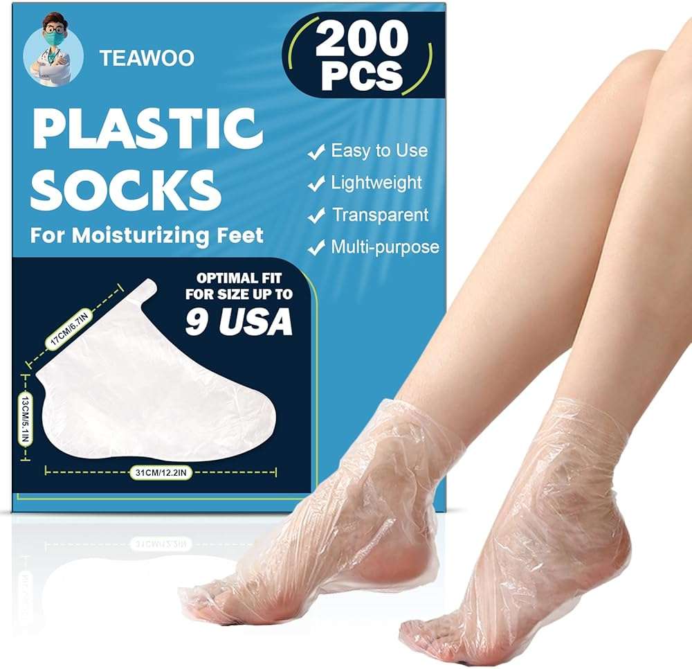 TEAWOO 200PCS Plastic Foot Covers for Feet, Leak-Proof Plastic Foot Masks for Moisturizing Feet, Pedicure & Foot Care, 200 Stickers for Snug Closure Included (Fits up to USA 9) - Image 1