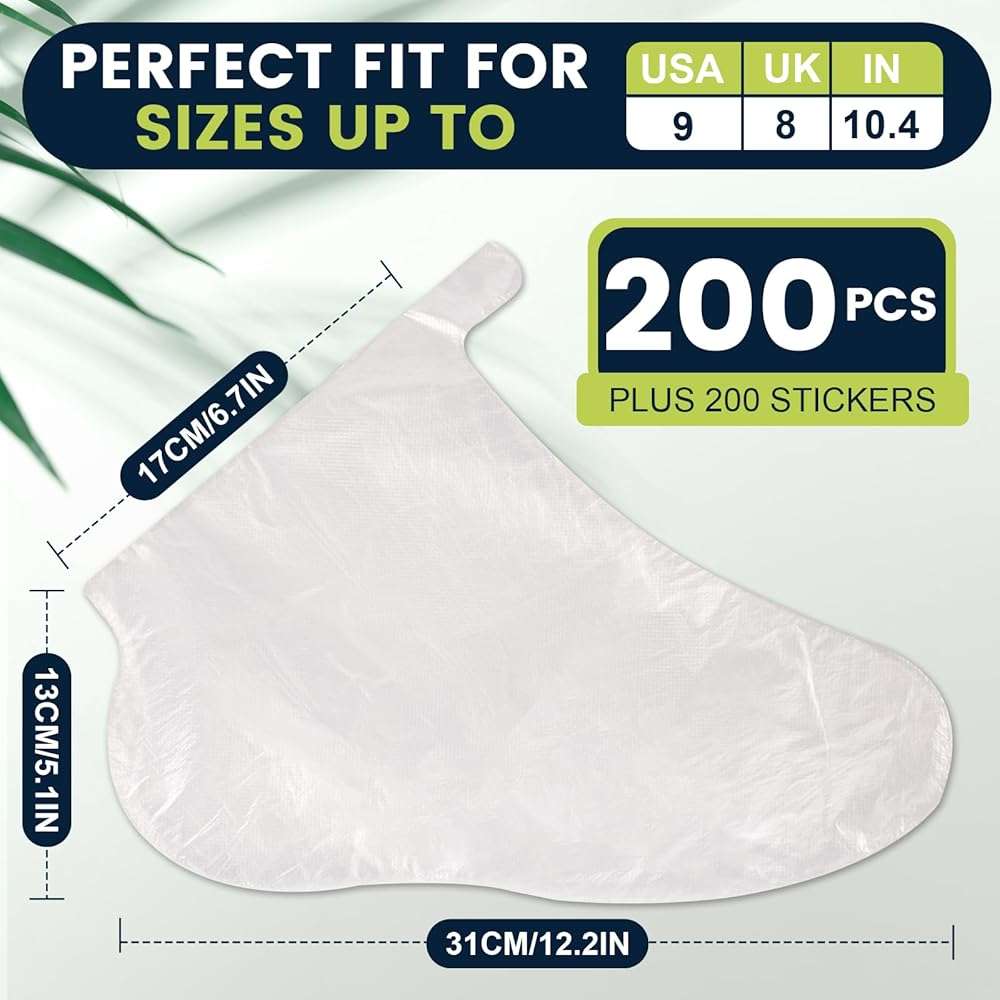 TEAWOO 200PCS Plastic Foot Covers for Feet, Leak-Proof Plastic Foot Masks for Moisturizing Feet, Pedicure & Foot Care, 200 Stickers for Snug Closure Included (Fits up to USA 9) - Image 2