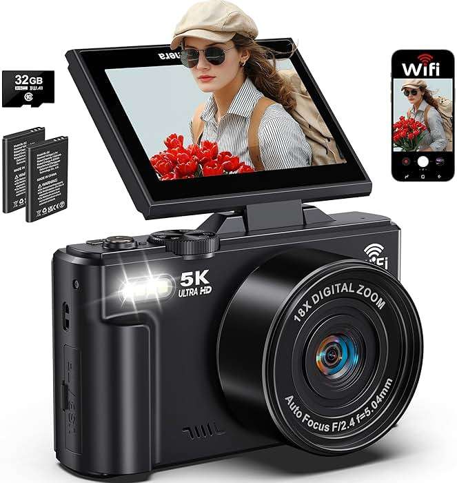 5K Digital Camera for Photography, 75MP WiFi Vlogging Camera for YouTube, 18X Zoom UHD Autofocus, 3" 180° Flip Screen, Video Camera with 32GB SD Card & 2 Batteries - Image 1