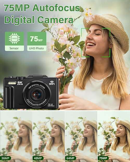 5K Digital Camera for Photography, 75MP WiFi Vlogging Camera for YouTube, 18X Zoom UHD Autofocus, 3" 180° Flip Screen, Video Camera with 32GB SD Card & 2 Batteries - Image 2