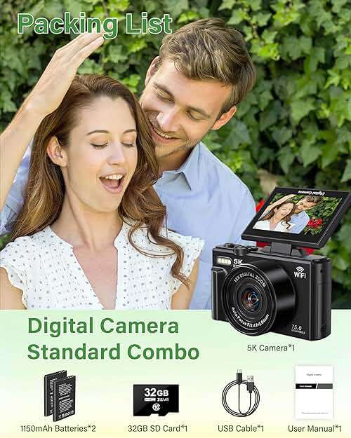 5K Digital Camera for Photography, 75MP WiFi Vlogging Camera for YouTube, 18X Zoom UHD Autofocus, 3" 180° Flip Screen, Video Camera with 32GB SD Card & 2 Batteries - Image 7