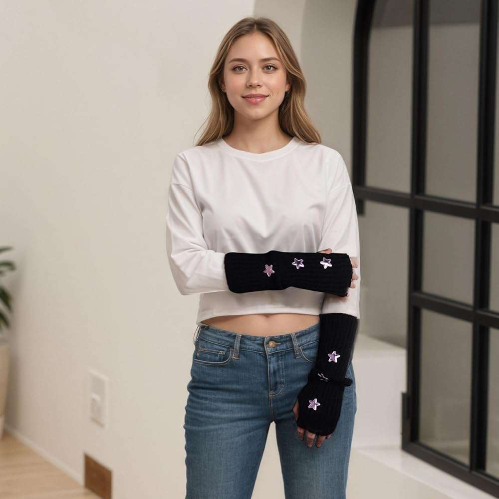 Marrywindix Cute Arm Warmers Y2K Knitted Star Arm Cover Fingerless Gothic Fingerless Glove Punk Winter Glove for Women Girls - Image 6