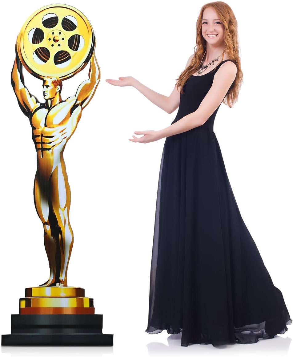 Liliaafar 5.3 ft Movie Night Trophy Award Stand up Cardboard Cutout Life Size Movie Theme Party Decorations Backdrop Photo Props Gold Award Status Standup for Red Carpet Events Themed Party Supplies - Image 1