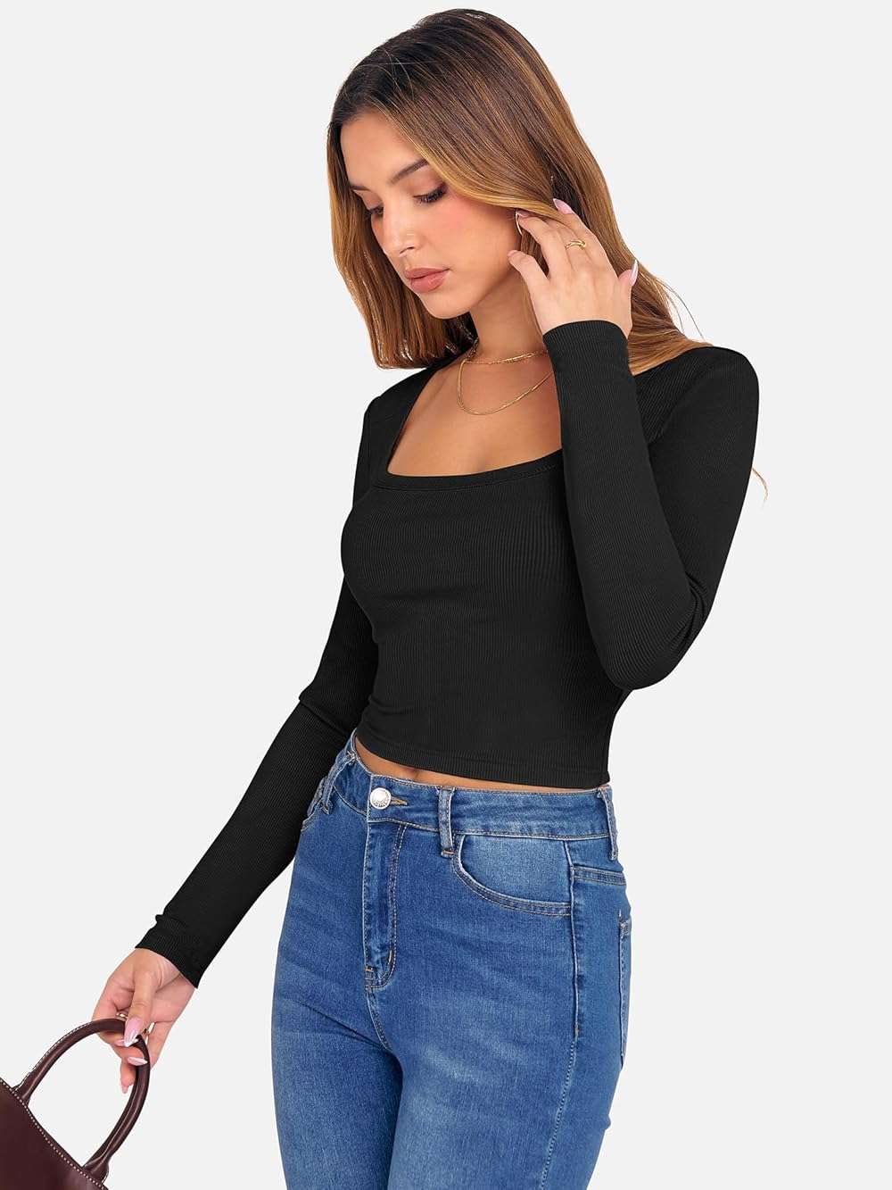 ANRABESS Women's Long Sleeve Square Neck Crop Top Ribbed Slim Fitted Basic Tee Layer Y2K Shirts Fall Fashion Outfits 2026 - Image 3