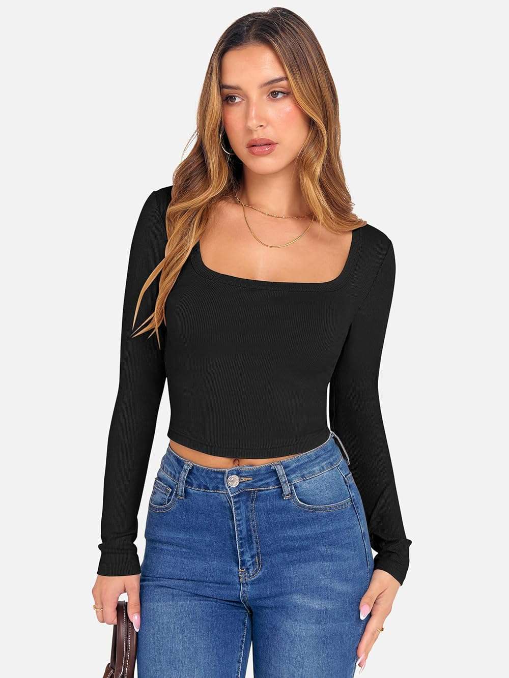 ANRABESS Women's Long Sleeve Square Neck Crop Top Ribbed Slim Fitted Basic Tee Layer Y2K Shirts Fall Fashion Outfits 2026 - Image 5
