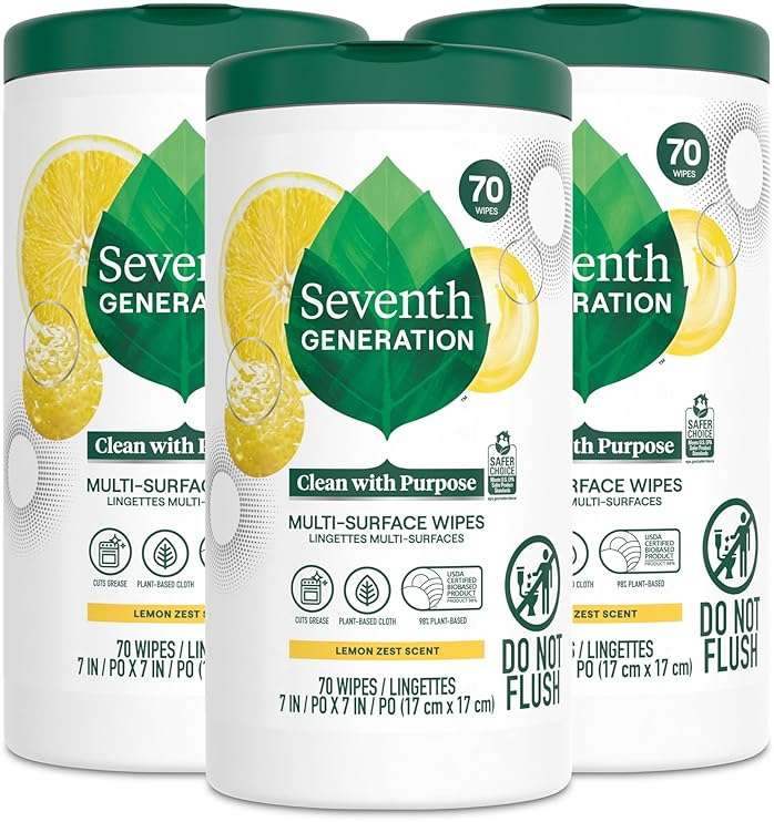 Seventh Generation Multi Surface Wipes, Pack of 3, for all purpose cleaning, lemon zest scent with 100% essential oils and botanical ingredients, 70 ct each - Image 1