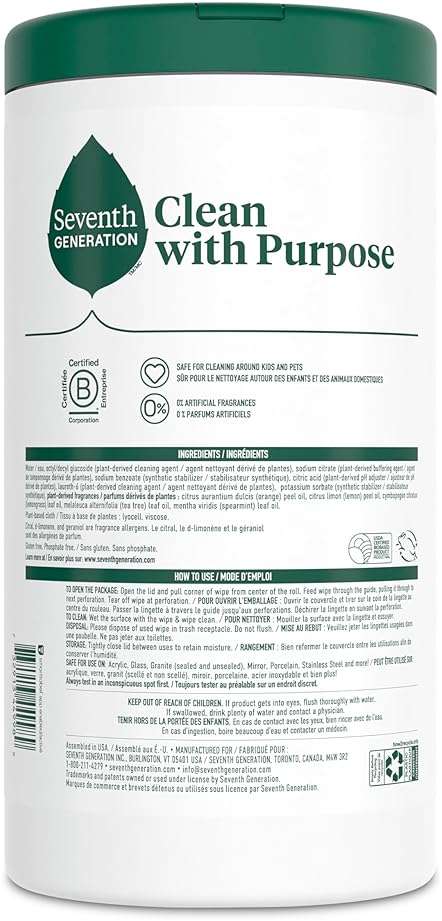 Seventh Generation Multi Surface Wipes, Pack of 3, for all purpose cleaning, lemon zest scent with 100% essential oils and botanical ingredients, 70 ct each - Image 2