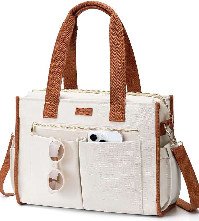 Canvas Tote Bag for Women, 15-Pockets Work Laptop Tote Purse Large Crossbody Nurse Teacher Bible Bag for School Travel Daily | with Strap & Zipper - Image 1