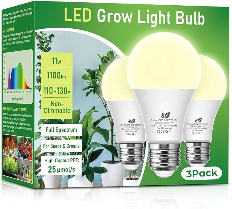 Flaspar Grow Light Bulbs A19 LED, Full Spectrum Plant Light Bulb for Indoor, E26 Base 11W Grow Bulb 100W Equivalent, Plant Lights for Indoor Growing, Flowers, Greenhouse, Seed Starting, 3 Pack - Image 1