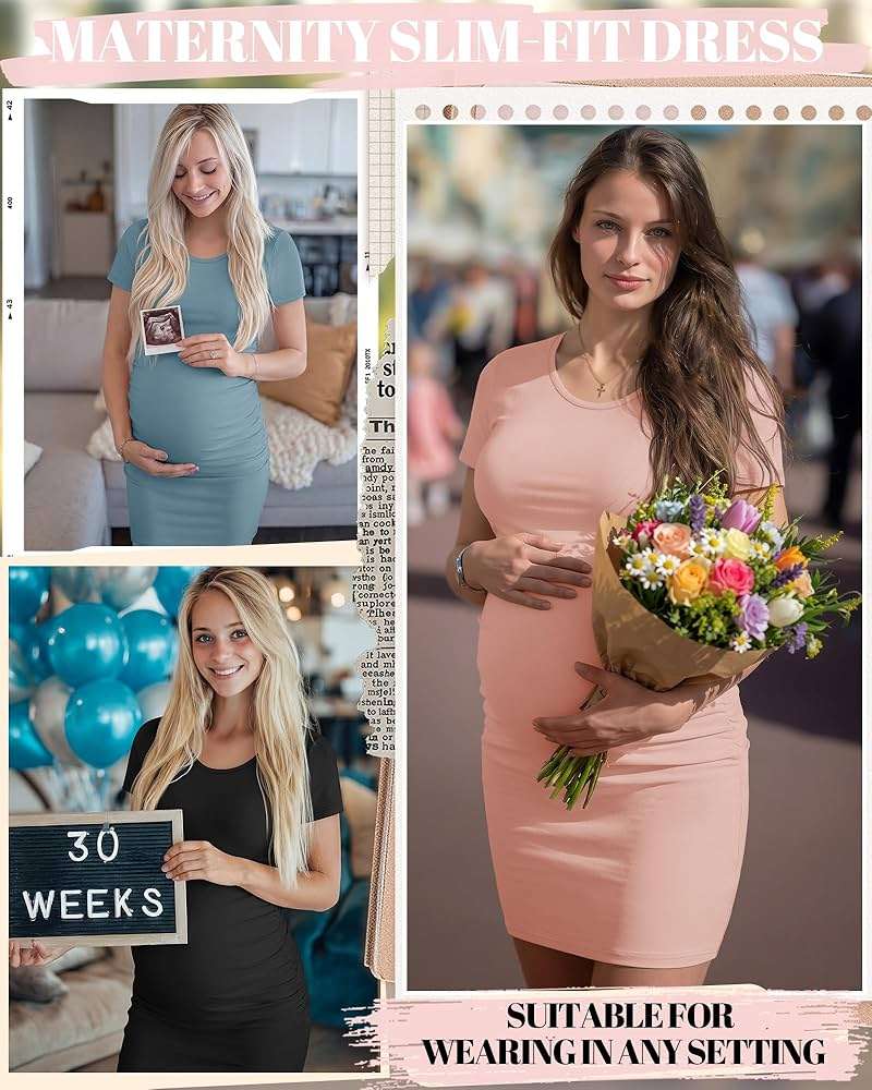 Riyiper 3 Pack Women's Maternity Dresses, Short Sleeve Pregnancy Dress Side Ruched Crew Neck Knee Length Mama Clothes - Image 3